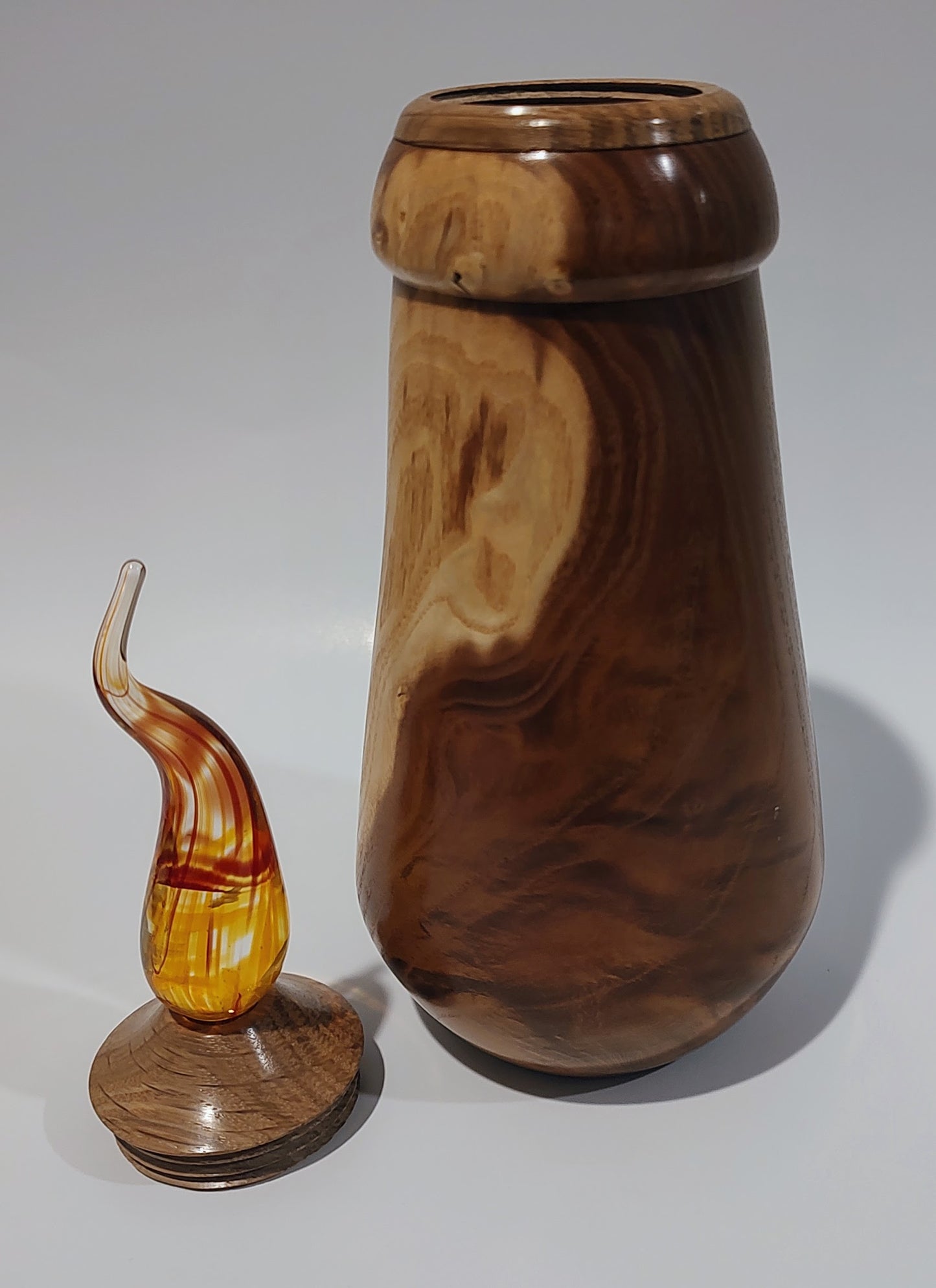 Turned Mulberry and Oak Pet Urn with Hand-Blown Glass Flame Finial