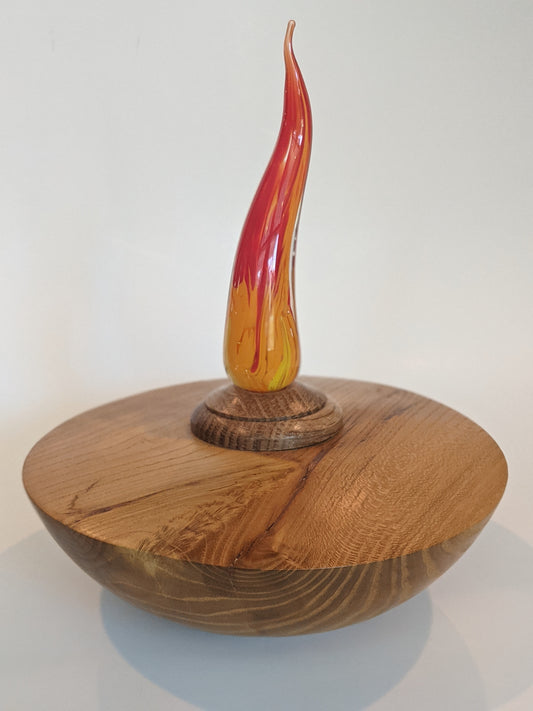 Turned Mulberry and Oak Pet Urn with Hand-Blown Glass Flame Finial