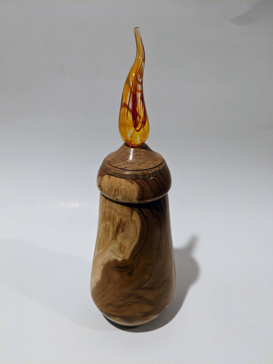 Turned Mulberry and Oak Pet Urn with Hand-Blown Glass Flame Finial